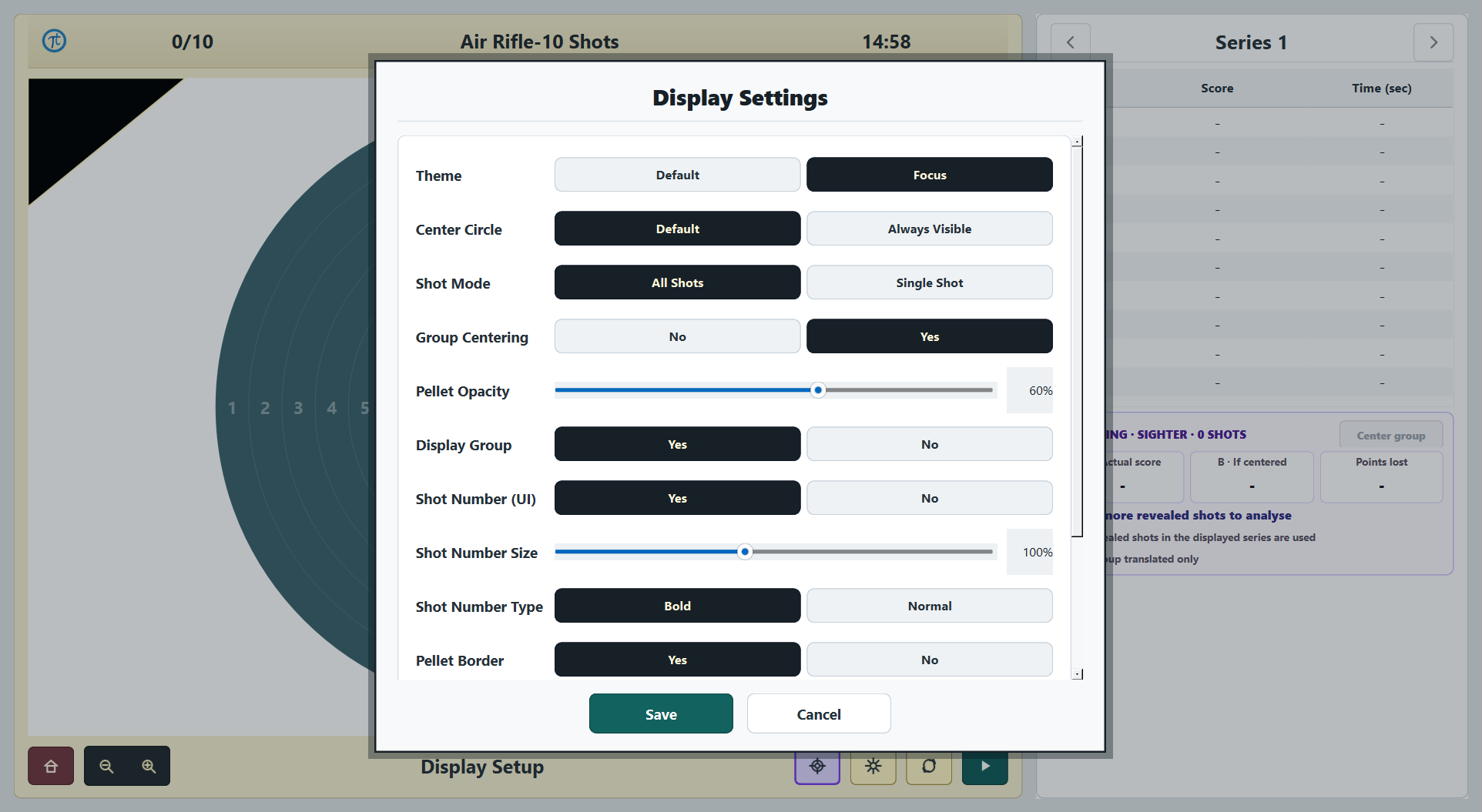 Tachus Scoring Software Display Settings showing Focus Mode and Single Shot controls