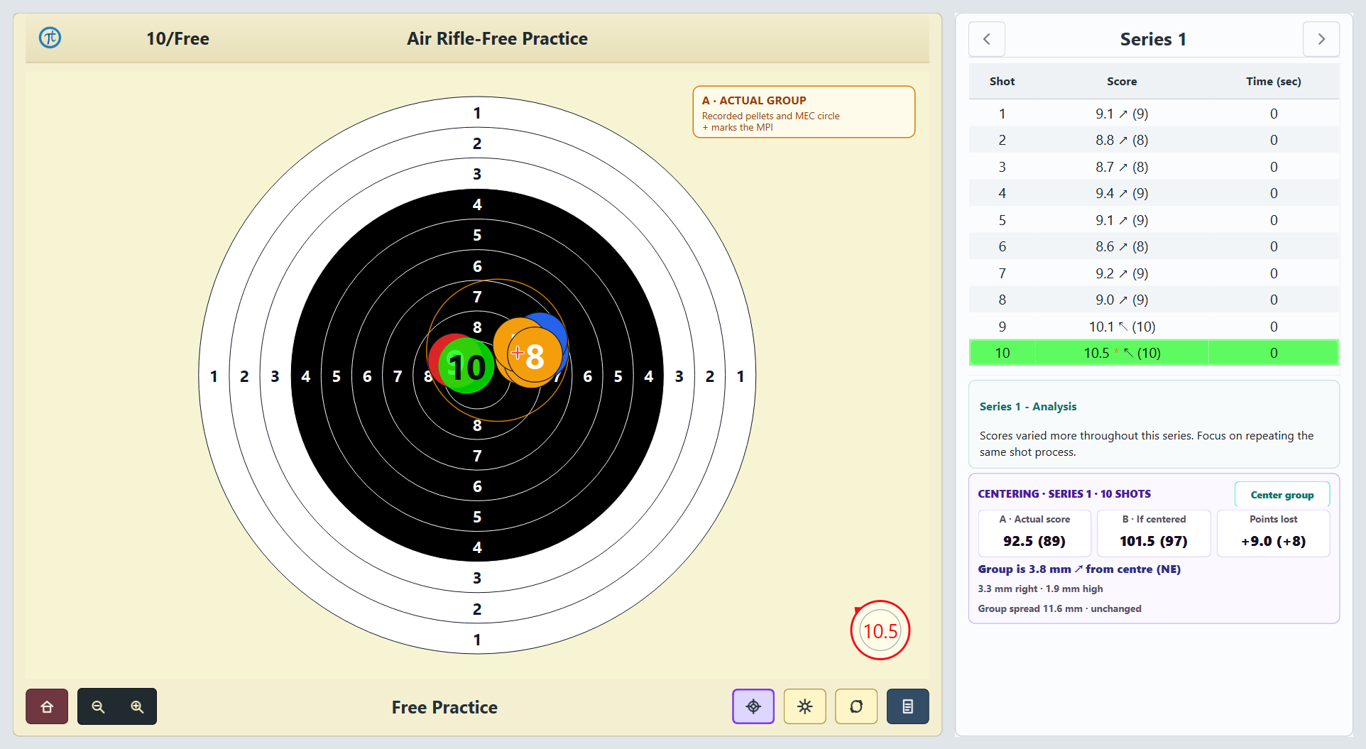 Tachus Scoring Software Free Practice view with Guided Check and Group Centering analysis