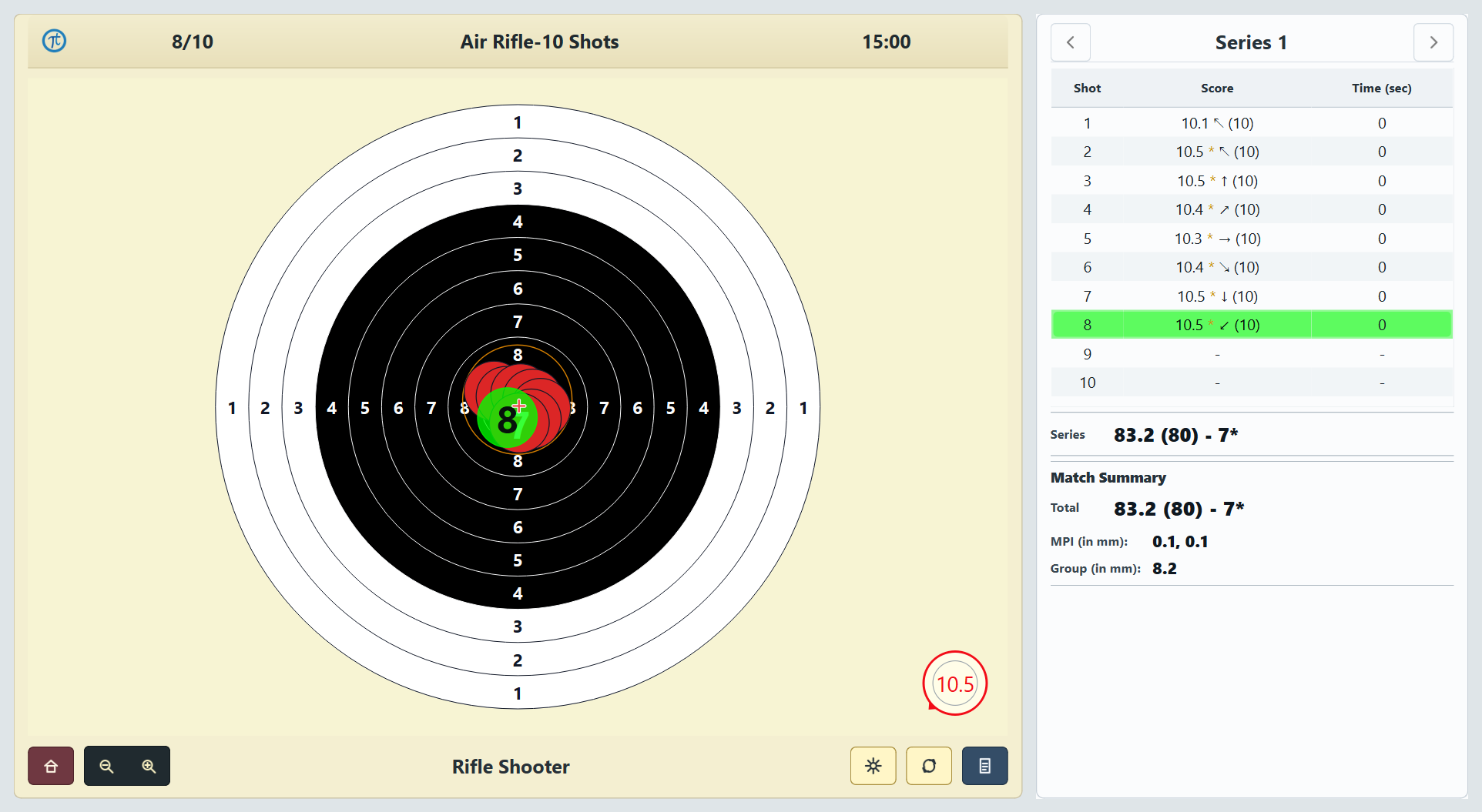 Tachus Scoring Software live Air Rifle scoring screen with target and score table